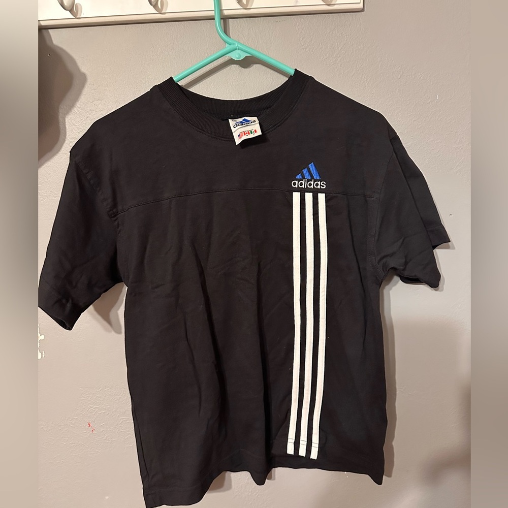 Vintage Adidas Black Tee with Blue Logo